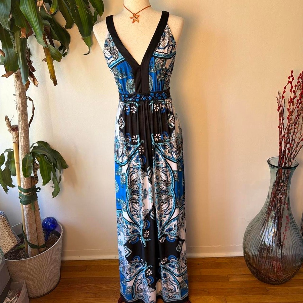 ICE Y2k Teal Blue Beaded Maxi Babydoll Boho Paisley Dress Size 10